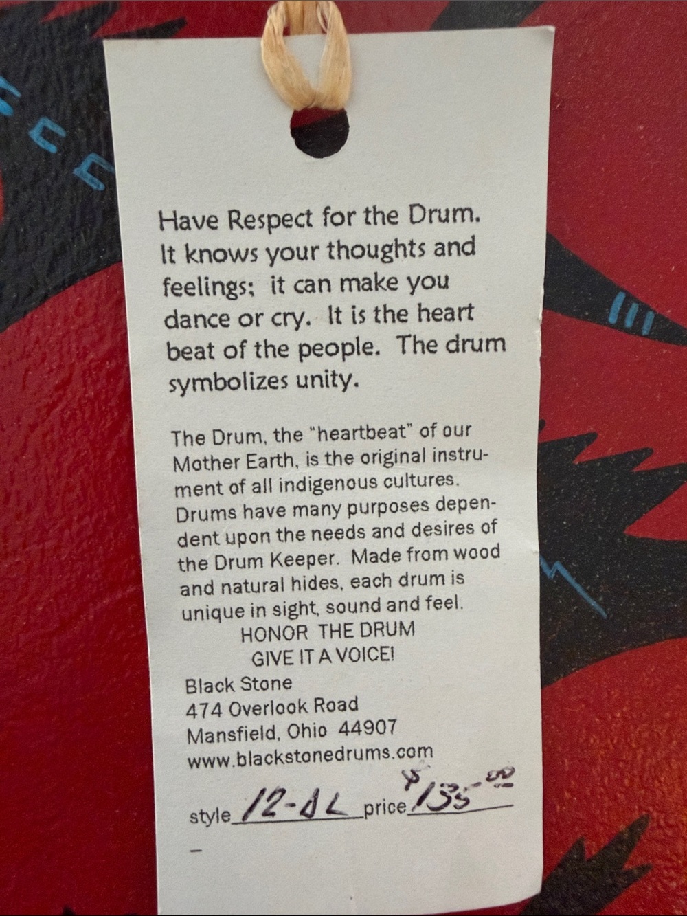 Native Spirit Hand Drum with Red and Black Design